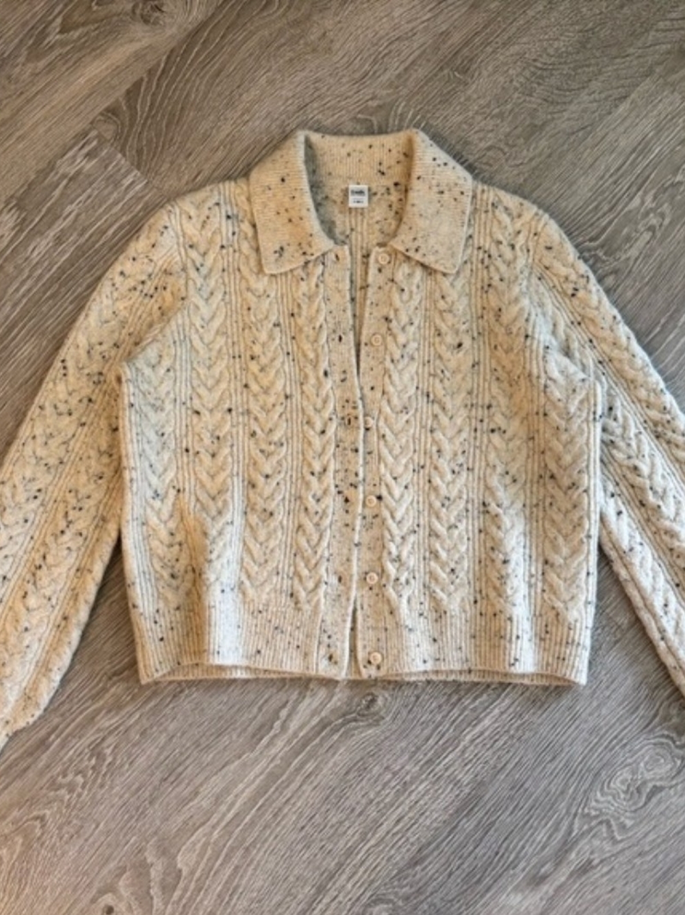 twik Cream Speckled Cable-Knit Button Collar Cardigan